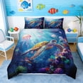 thumbnail image 2 of Manfei Underwater Sea Turtle Queen Duvet Cover Set for Kids Boys and Girls, Ocean Marine Life Print Bedding, Navy Reversible 3-Piece, 1 Duvet Cover and 2 Pillowcases, 2 of 7