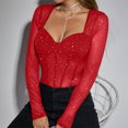 thumbnail image 4 of Njoeus Crop Tops for Women V-Neck Long Sleeve T-Shirts Tight Mesh Sheer Shirt Top Party Clubwear with Rhinestone, 4 of 8