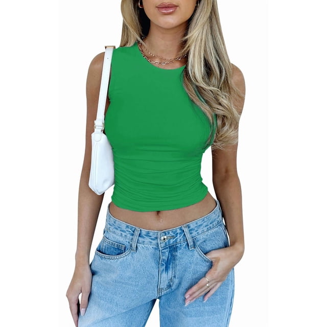 Womens Summer Tank Tops Sleeveless Crewneck Knit Slim Fitted Side Ruched Casual Basic Shirt Green M