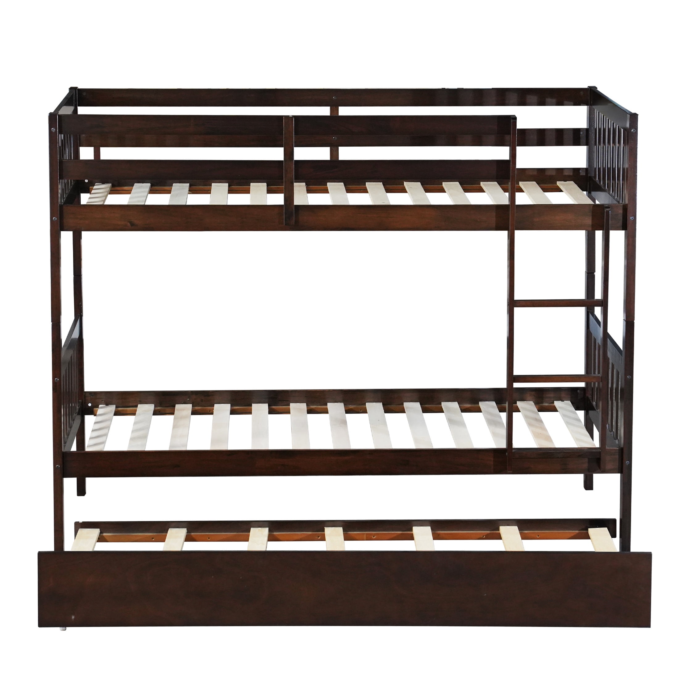 PORKISS Bunk Bed with Trundle, Twin Over Twin Bunk Bed Frame Can Convertible 2 Platform Bed, Wood Bunk Bed Built-in Ladder for Kids Teens Adults, Espresso