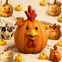 Fall Farm Pumpkin Ornaments - Resin Cow Pig Sheep Figurines, Hand-Painted Table Centerpiece, Porch Garden Yard Indoor Outdoor Decor E