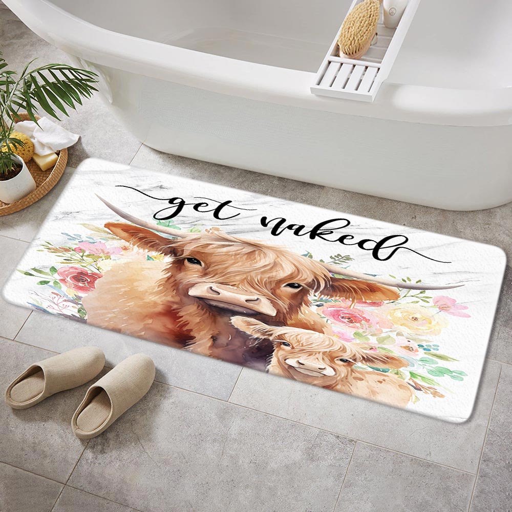 Highland Cow Bathroom Rugs Funny Get Naked Bathroom Rugs Farmhouse Modern Non-Slip Bath Rugs Western Cow Bathroom Rugs Watercolor Flower Highland Cow Bathroom Rug Mat 17X48inch, Absorbent Bath Rugs