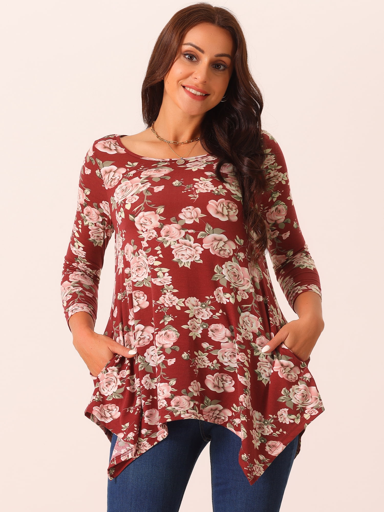 DARING DIVA Women's 3/4 Sleeve Floral Print Loose Fit Asymmetrical Hem Top Wine Red S