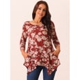 thumbnail image 2 of DARING DIVA Women's 3/4 Sleeve Floral Print Loose Fit Asymmetrical Hem Top Wine Red S, 2 of 5