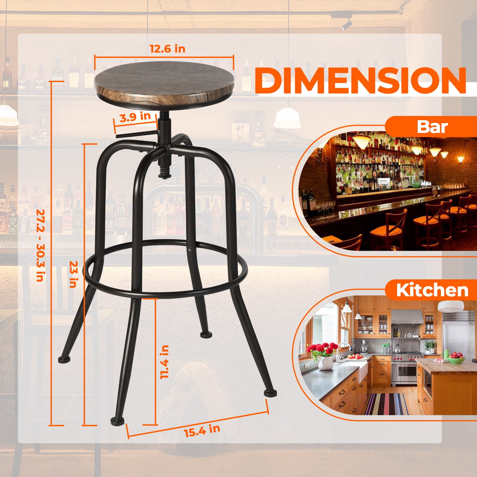 Homy Casa Swivel Bar Stools Set of 2, Adjustable Height Vintage for Home Kitchen Island, Walnut