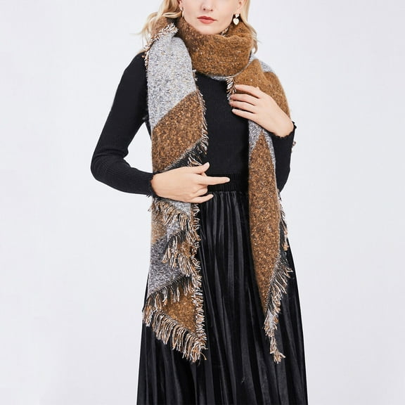 74.8x25.6In Winter Warm Women Scarf TeqHome Plaid Acrylic Oversized Wrap Shawl Long Soft Scarves Warm Blanket Cape Brown 2PCS