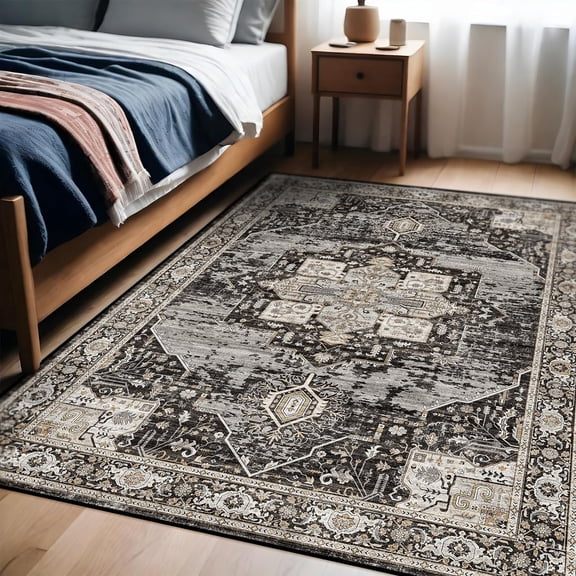 Washable 4x6 Area Rugs - Soft Area Rug for Living Room Stain Resistant Carpet Vintage Indoor Ultra-Thin Rugs for Bedroom Kitchen entryway with Non Slip Backing Home Decor Small Mat 4X6 Black
