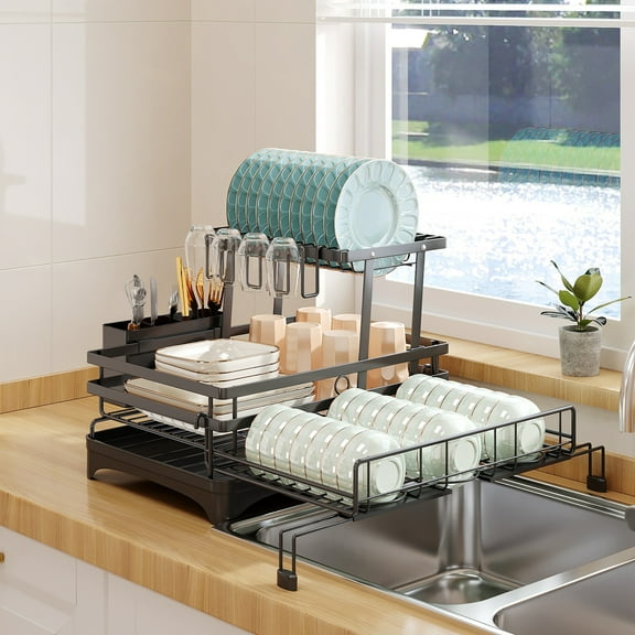 Innovaze Heavy Duty Expandable Dish Rack, Carbon Steel Kitchen Drying Rack with Quick Drain, Wobble-Free Design for Dishes, Cups & Utensils