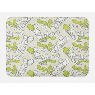 Cactus Bath Mat, Pattern of Exotic Cacti Along Thorns Drawing on Pastel Background, Plush Bathroom Decor Mat with Non Slip Backing, 29.5" X 17.5", Yellow Green and Eggshell, by Ambesonne