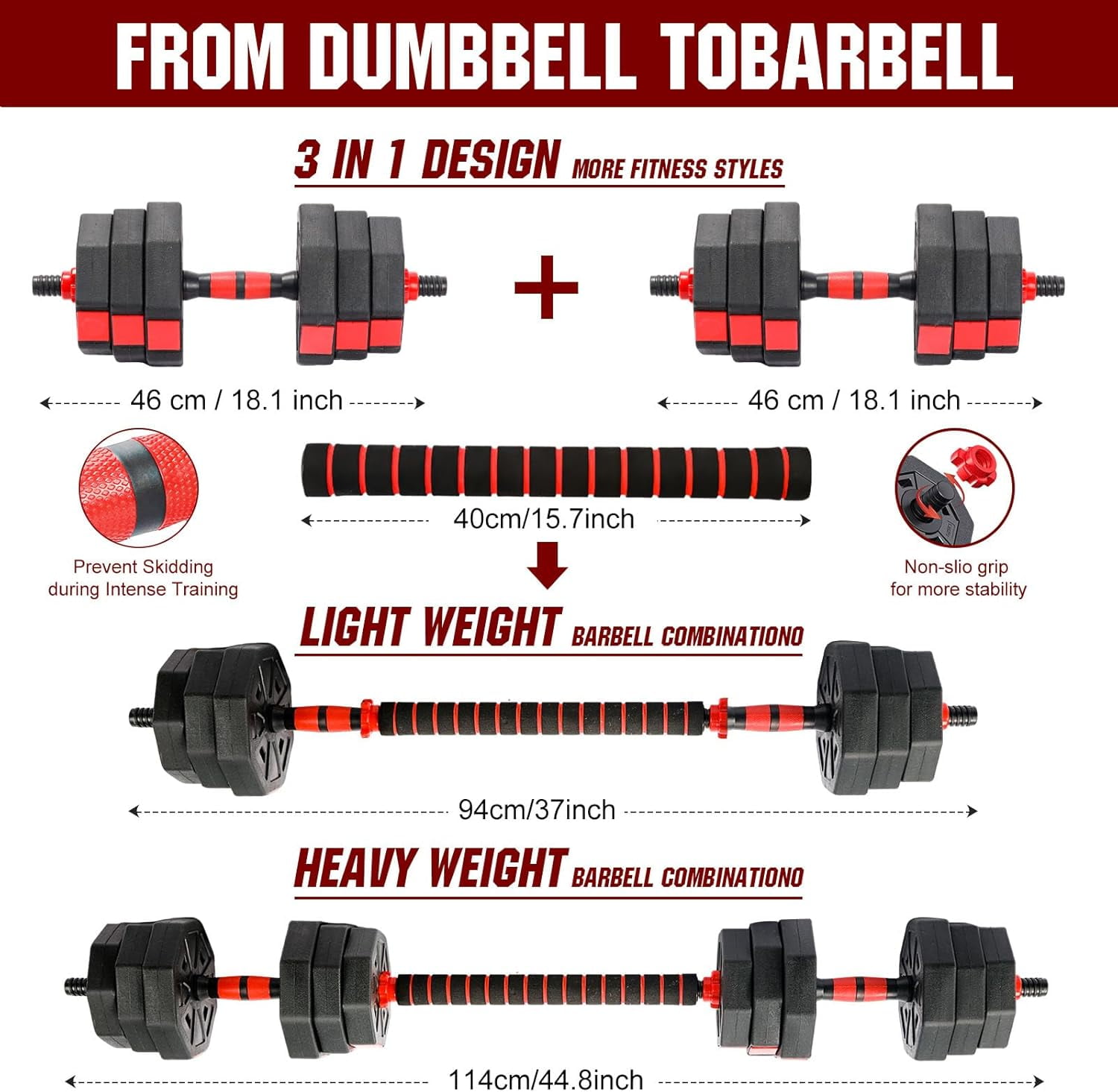 Adjustable Dumbbell Set, 40lbs Free Weights with Connector, Convertible Dumbbell Barbell Push-up Stand Set, 3 in 1 Home Gym Fitness Weight Set for Men/Women