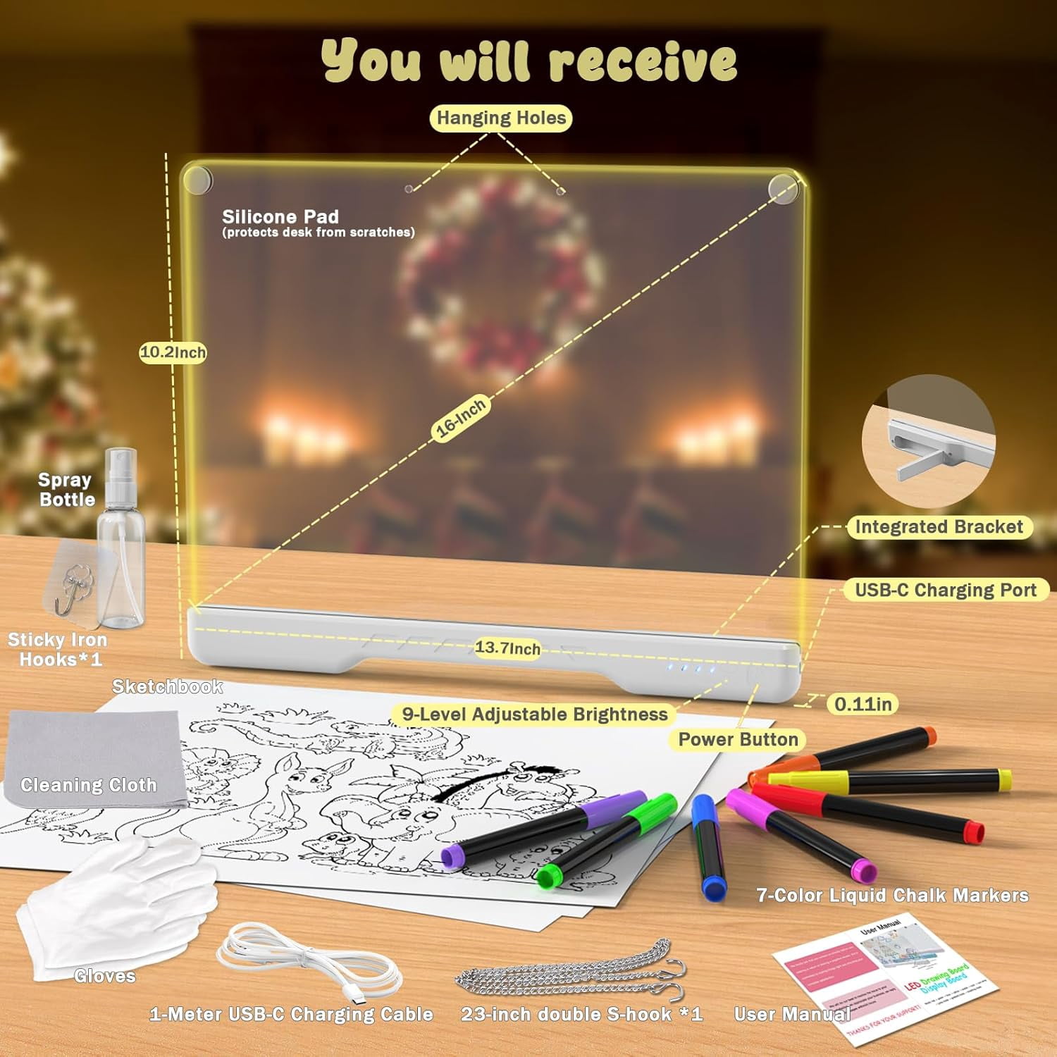 16-inch Rechargeable Doodle Glow LED Note Board, 4 Modes with 7 Colors Neon Art Dry Erase Light Up Led Drawing Board with Built-in Stand, Hanging Chain, Drawing Pad for Kids, Girls, Teens(White)