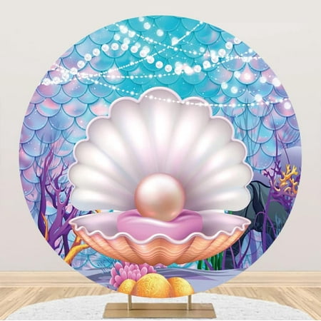 Image of 7.5x7.5ft Pearl Shell Mermaid Round Backdrop Sparkling Pearls Mermaid Scales Round Backdrop Cover Coloful
