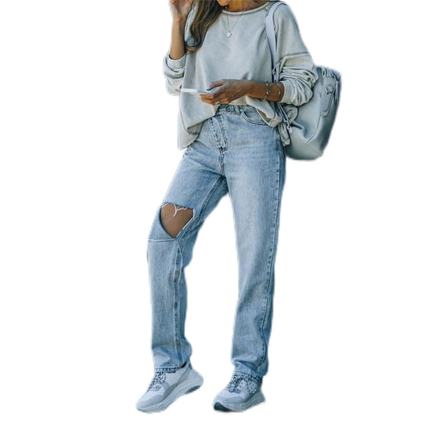 Minnieouse Mujer Jeans Loose-Fit Vintage Estética Agujero rasgado Pantalones de mezclilla destruidos Pantalones Ropa de calle Prendas para la parte inferior del cuerpo M Minnieouse AP011127-02