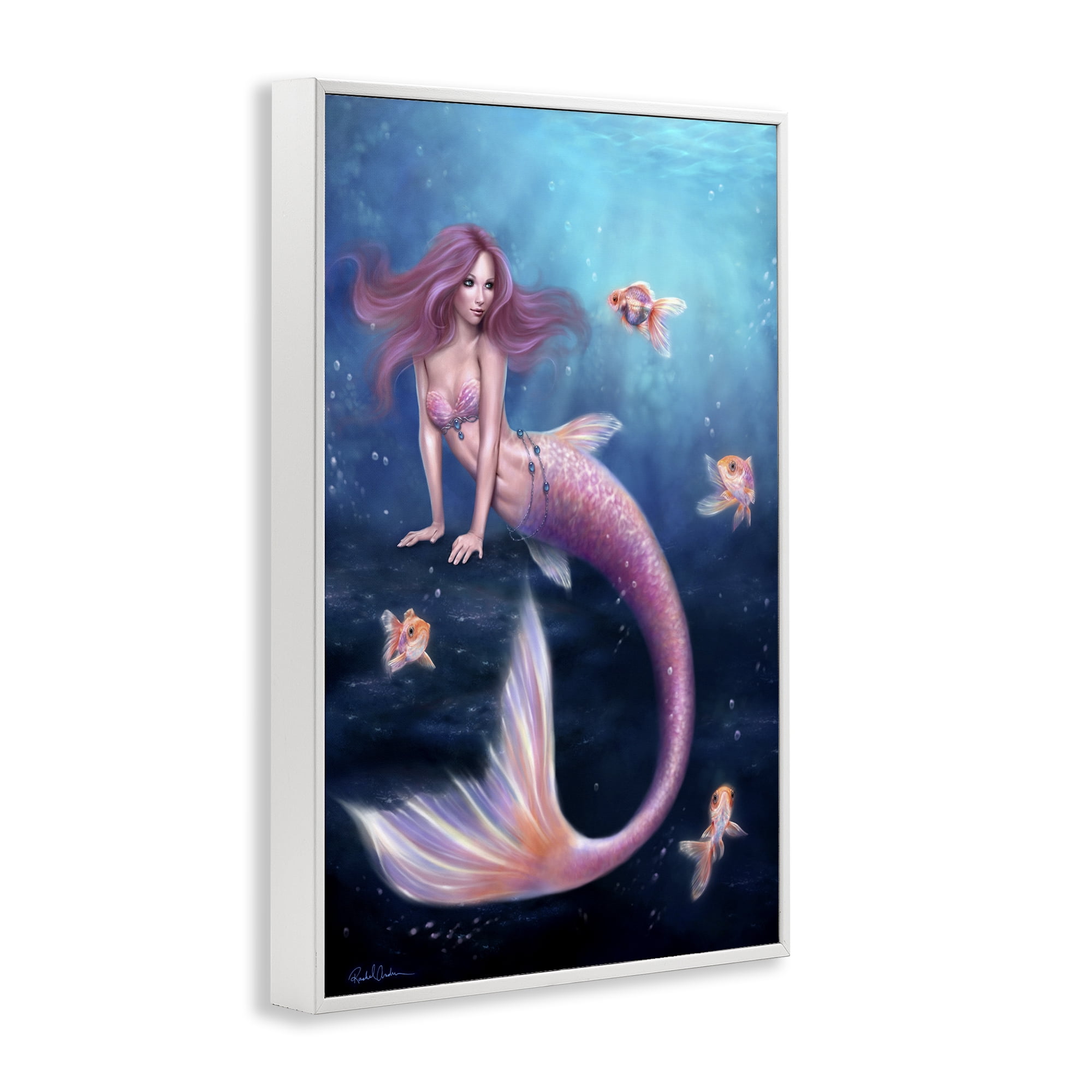 Aurelia Mermaid & Fish White Framed Giclee Art, design by Rachel Anderson