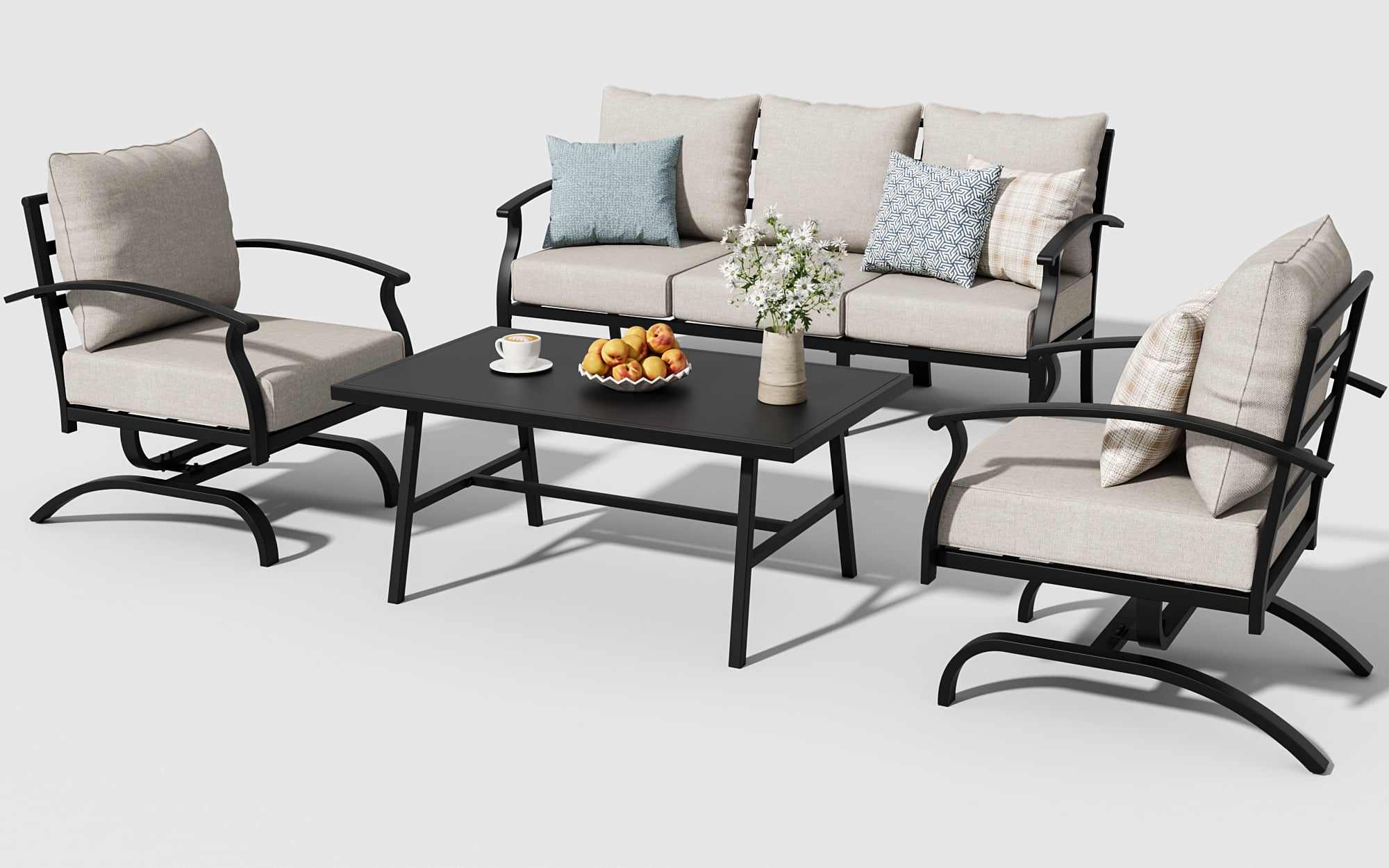 ALAULM 4 Piece Patio Furniture Set,Outdoor Metal Patio Furniture with Coffee Table & Rocking Chairs Conversation Set for Porch,Backyard,Poolside, Garden-Sand