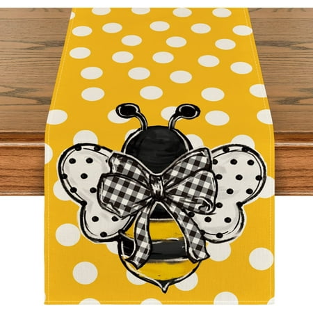 

Buffalo Plaid Bow Tie Bee Dots Summer Table Runner Seasonal Kitchen Dining Table Decoration for Home Party Decor 13x72 Inch