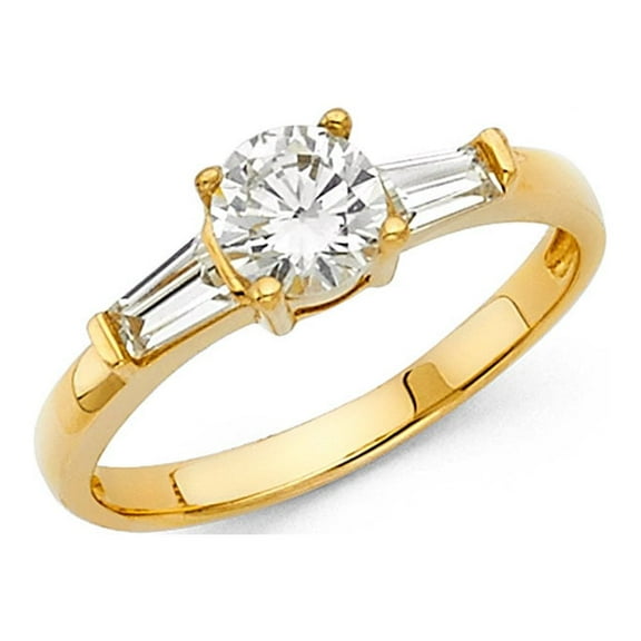 Round CZ Engagement Ring 14k Yellow Gold Anniversary Solitaire CZ Band Baguette Side Stones Size 7