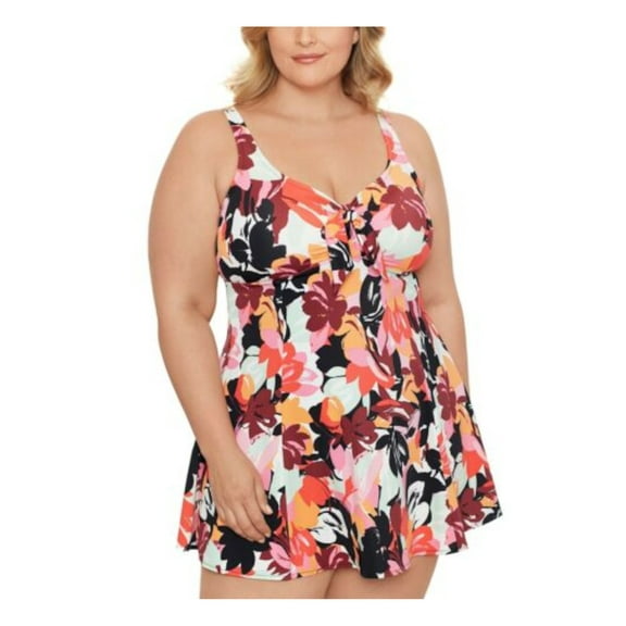 SWIM SOLUTIONS Women's Black Floral Stretch Tummy Control Bust Support Thigh Minimizer Deep V Neck Adjustable Swimdress 16W