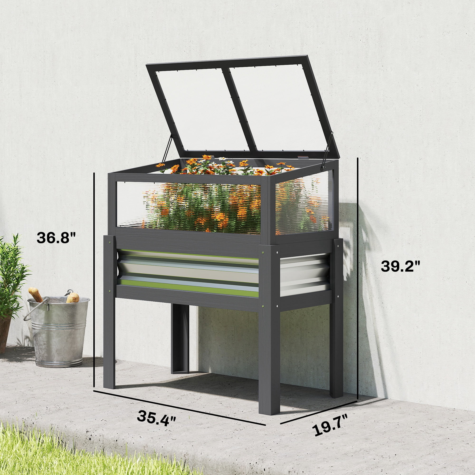 Outsunny Raised Garden Bed with Flip-Up Mini Greenhouse, Elevated Planter Box with Legs and Bed Liner for Flowers, Vegetables, Gray