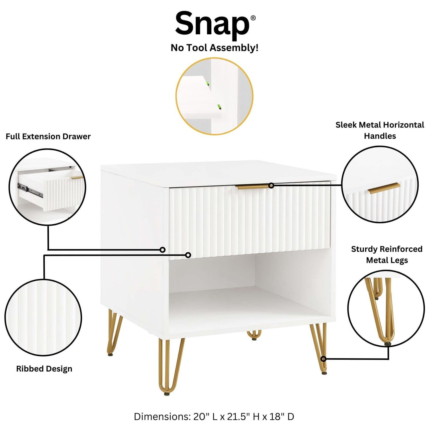 Nightstand, Modern Glam Bedside Table with 1 Drawer, Vertical Ribbed Texture, Gold Handle and Splayed Metal Legs, Storage End Table for Bedroom Living Room, White