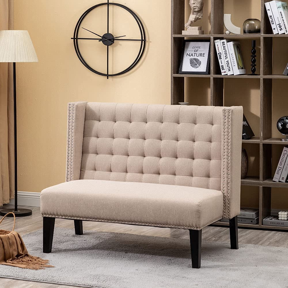 Andeworld Modern Loveseat Settee  Sofa Upholstered Banquette Couch for Dining Living Room Hallway or Entryway Seating Funiture with Wooden Legs,Putty