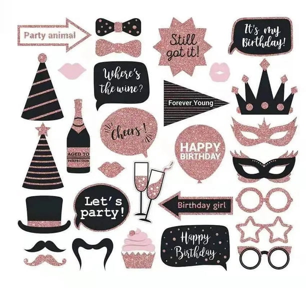 Accesorios para fotomatón de 30 cumpleaños completamente ensamblados - Juego de 30 - (2 juegos) Letreros para selfies rosas y dorados - Suministros y decoraciones para la fiesta número 30 -
