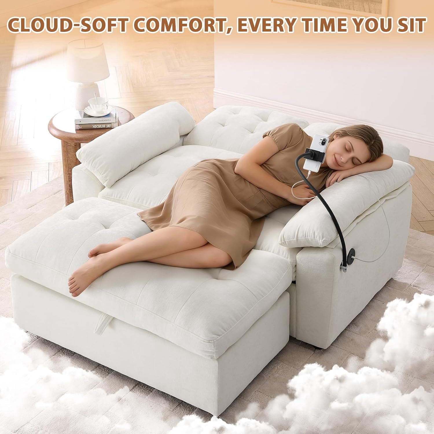MOONMISS Oversized Chaise Lounge Chair Indoor with Ottoman&Adjustable Backrest,Chenille Tufted Recliner Sofa Chair with USB&Phone Holder,Convertible Sleeper Couch Bed for Living Room,Beige