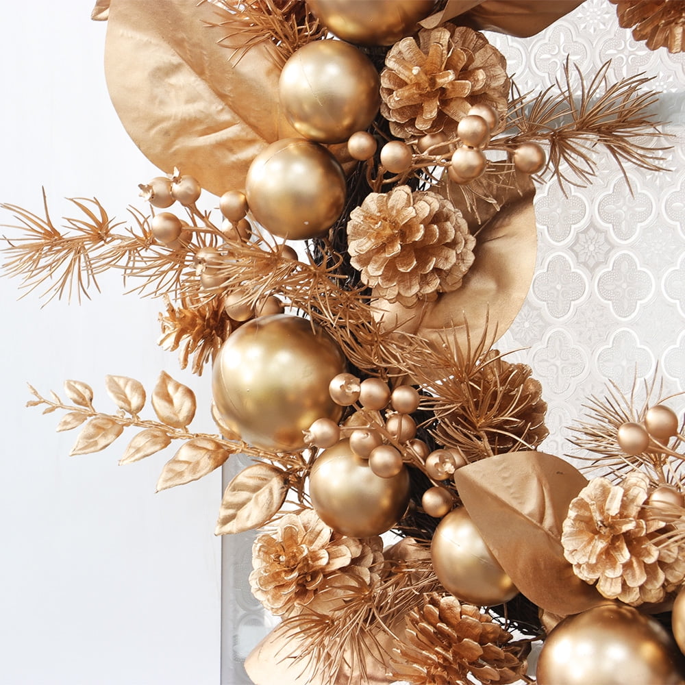 Abble 24" Indoor Outdoor Artificial Christmas Wreath - Decorated with Berries, Pinecones, Leaves, Balls for Wall Fireplace, Door, Window (Gold)