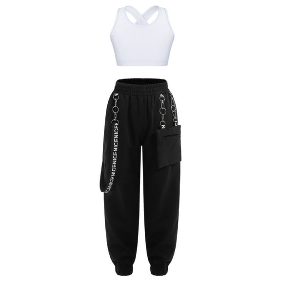 YEAHDOR Kids Girls Modern Dance Outfit 2Pcs Dance Set Criss Cross Back Crop Top with Chain Pocket Pants Dancewear White 8