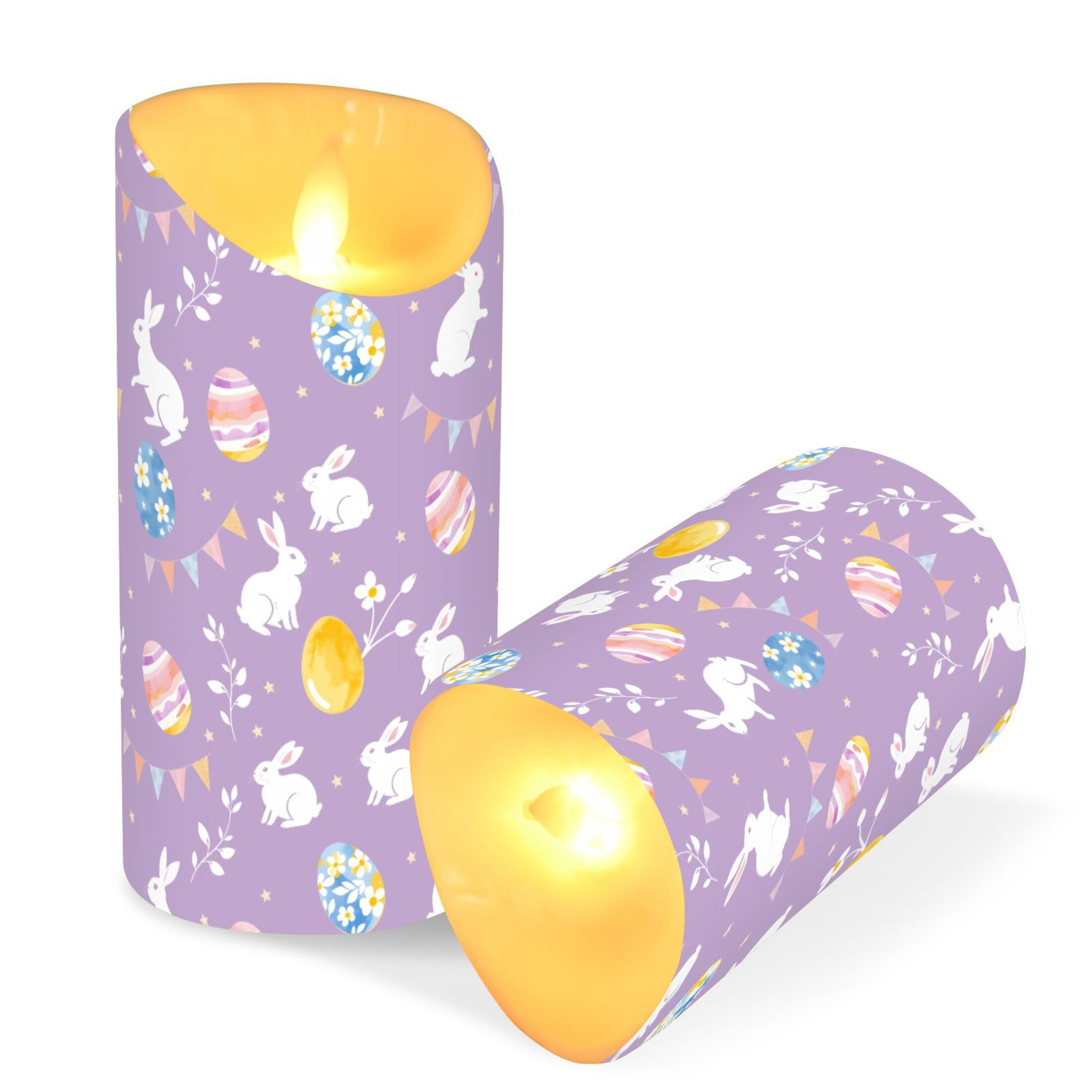 White Rabbit Colorful Easter Egg Pattern Flameless Candles 2 PCS with Remote Realistic Moving Flame LED Tapered Pillar Set for Home Decor
