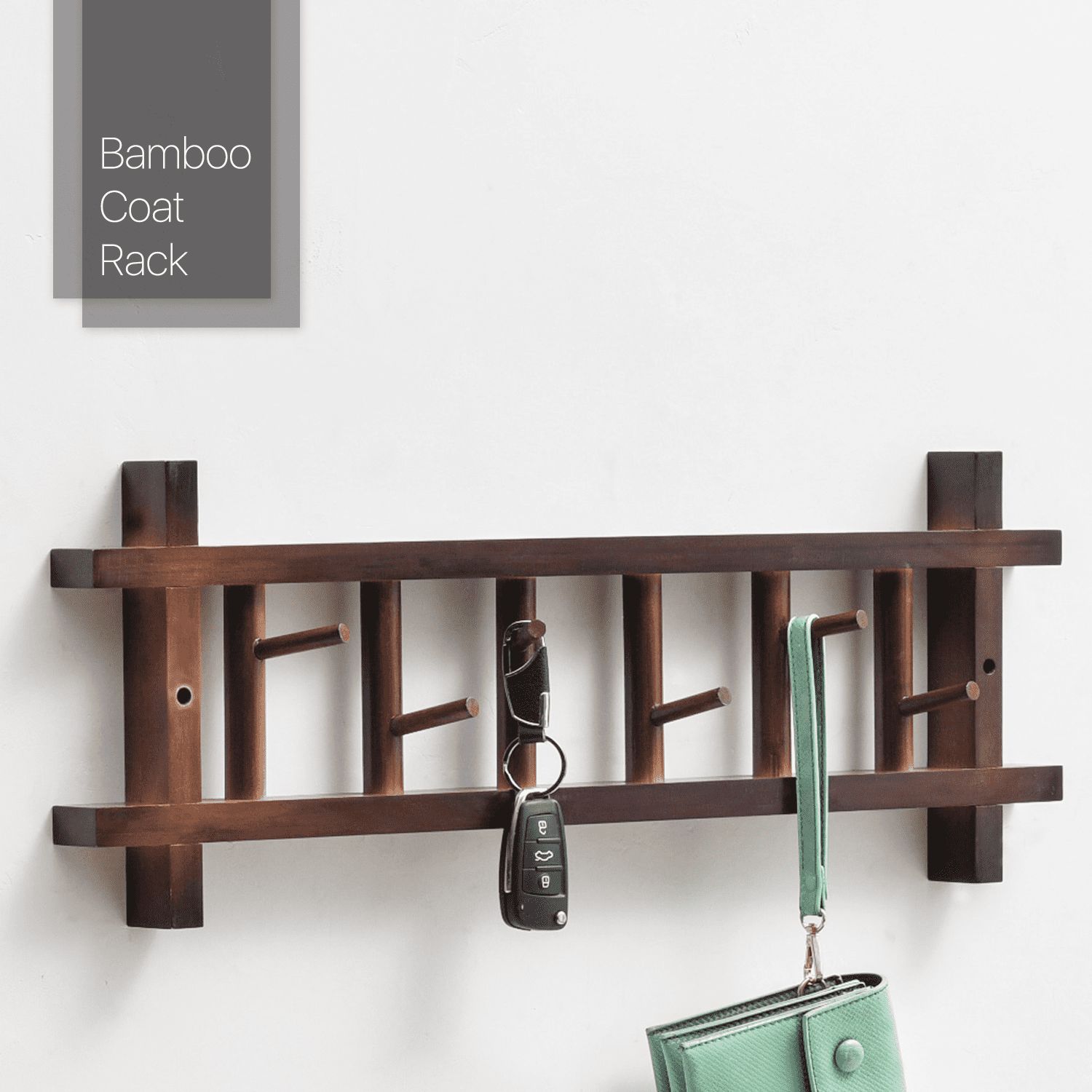 MoNiBloom Bamboo 6 Hooks Wall Mounted, Modern Hat Scarf Organizer Coat Rack,  Brown, for Home and Office 