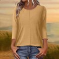 thumbnail image 2 of Wo-Fusoul Haut pour Femmes, Blouse Décontractée à Manches 3/4, Col Rond, Couleur Unie, Coupe Ample, Printemps Été, Vert Armée, 2 of 6