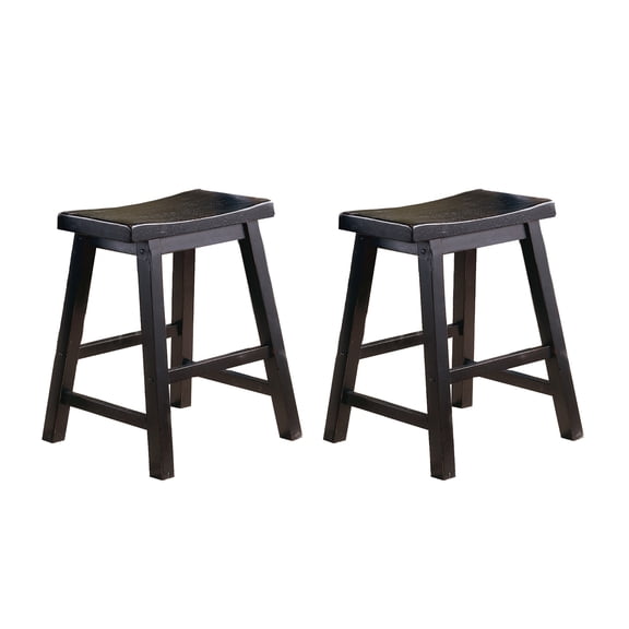 Black Finish Saddle Seat Stools Set of 2 | Solid Wood, Casual Dining, 18-Inch