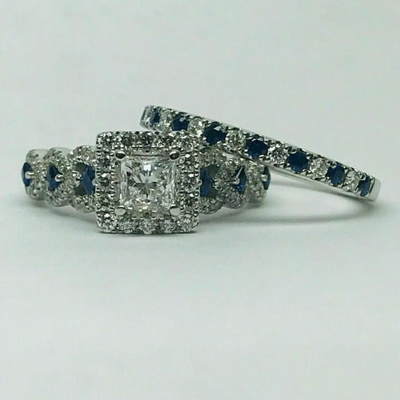 Women's Princess Cut Diamond & Blue Sapphire Bridal Wedding Ring Set 925 Sterling Silver