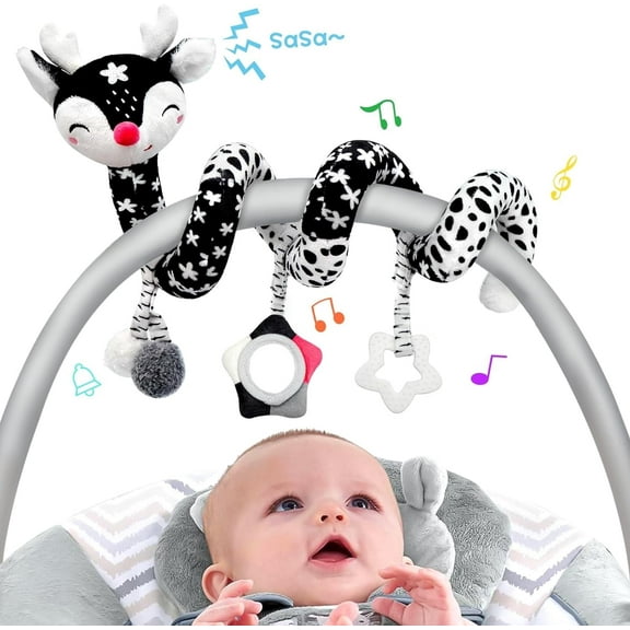 Car Seat Toys for Babies 0-6 Months Boy, Baby Carseat Toys Hanging Black and White High Contrast Toy for Baby Spiral Activity plush Toys, Stroller Toys for 0 3 6 9 12 Months Baby Ideal Gift