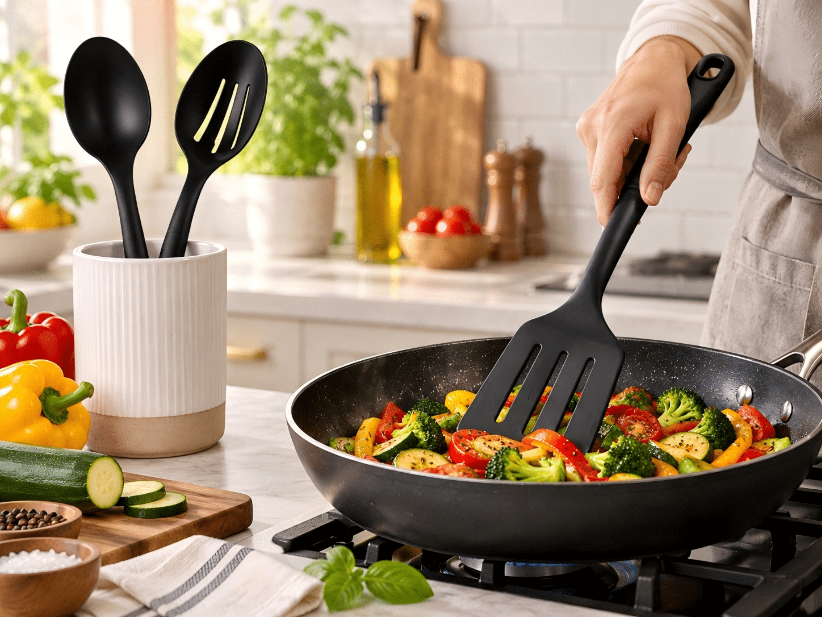 Mainstays Nylon Kitchen Utensil Set, 3 Piece, Black, Non-Stick Cookware Compatible
