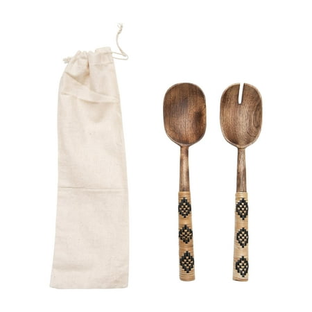 Creative Co-Op Mango Wood Salad Servers with Patterned Rattan-Wrapped ...