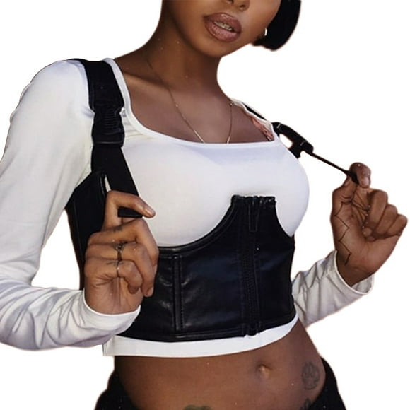 Women Chest Belt Top Vest Cami with Zipper and Buckle Adjustable Shoulder Strap