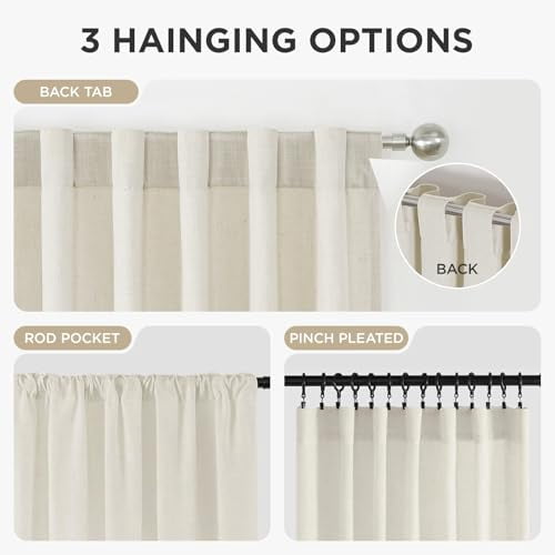 Light Filtering Linen Curtains 96 Inch Length 2 Panel Set for Living Room Bedroom, 52 Inch Wide Drapes with Rod Pocket and Back Tab, Ivory on Linen Fabric (96" L x 52" W)