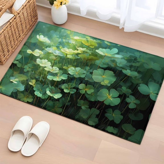 Bathroom Rugs 2x3 Ft, St. Patrick's Day Non Slip Area Rugs for Kitchen Bedroom Entryway, Spring Botanical Green Lucky Leaves Washable Carpet Runner Rug Floor Mats for Bedroom Home Decor