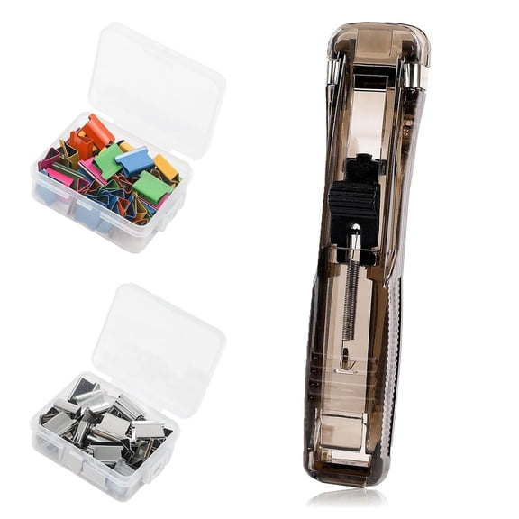 Portable Binder Clip Stapler - Includes 100 reusable clips, Handheld Mini Push Stapler Clamp Staplers, Paper Clam Clip Dispenser for Document