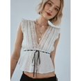 thumbnail image 4 of Women Lace Trim Shirts Sleeveless V Neck Flutter Sleeve Tie Front Cropped Tank Tops Slim Fit Going Out Tops White M, 4 of 5