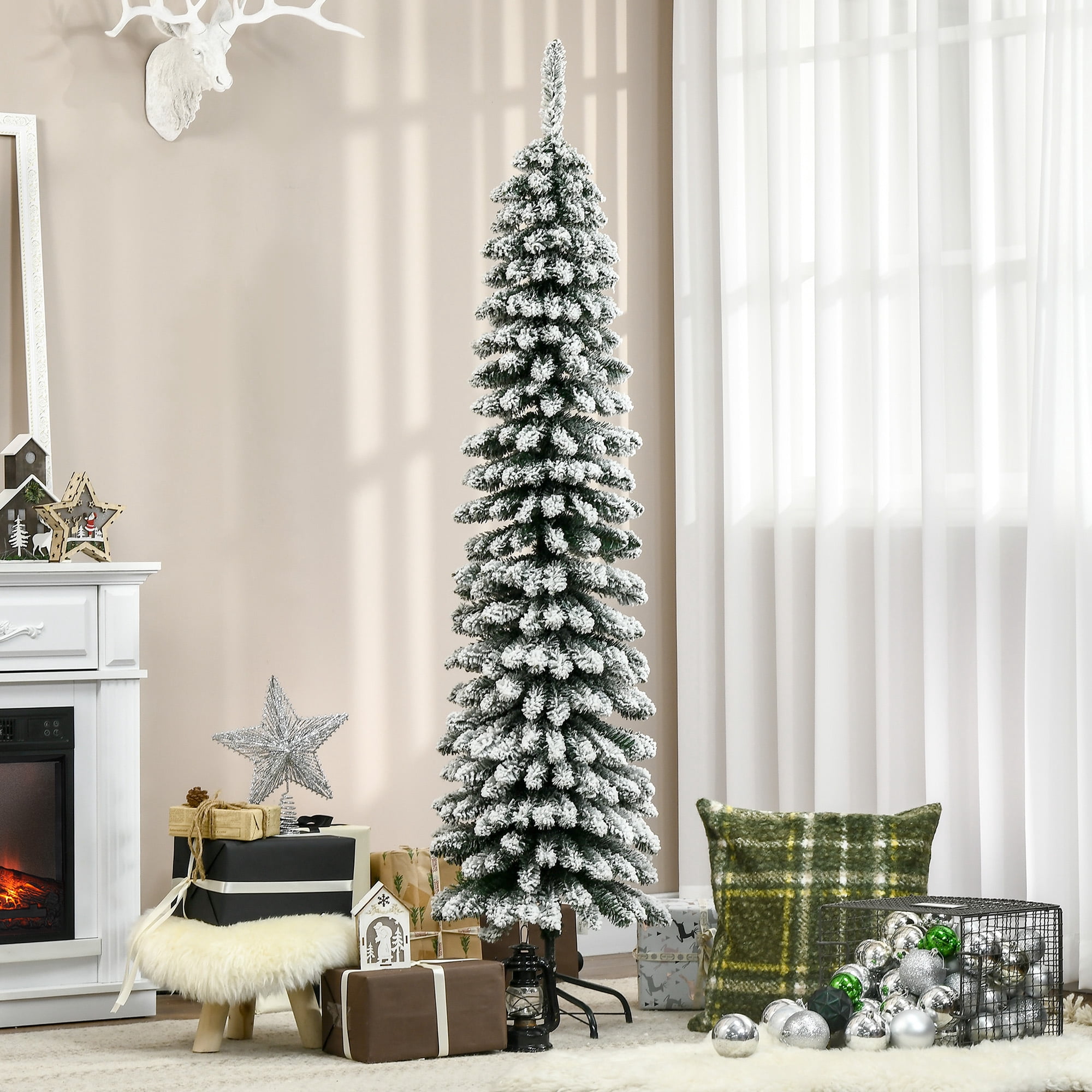 6ft Unlit Snow Flocked Pencil Christmas Tree 395 Tips Flame Retardant Small Space Holiday Decor