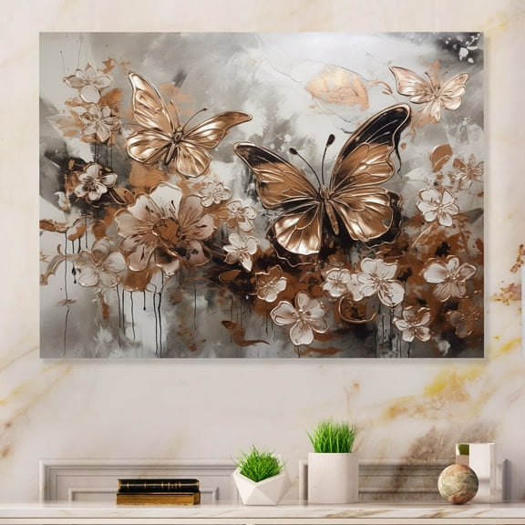 DESIGN ART Designart "Rose Gold Butterfly Wings And Flowers I" Floral Canvas Art Print 32 in. wide x 24 in. high