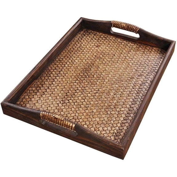 RKXQT Trays，Serving Tray Vintage Wooden Bamboo Weaving Tray Hotel Beauty Salon Tea Room Fruit Tray for Bedroom, Living Room, Kitchen, Bathroom,L