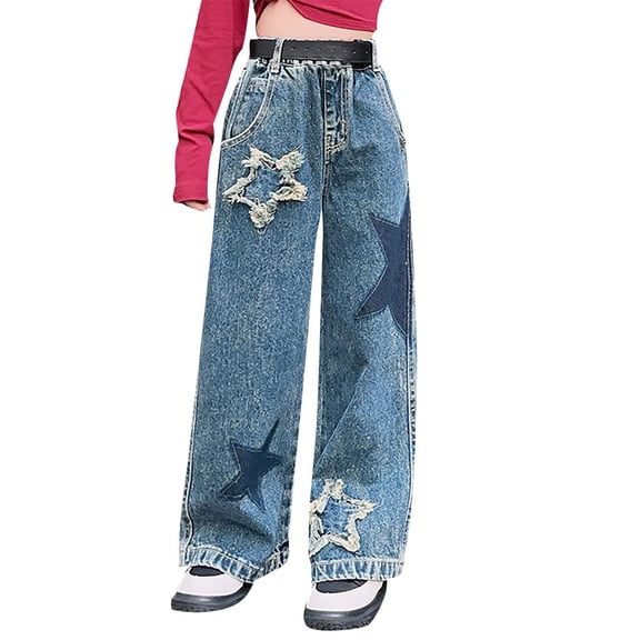 KVPLBQFD Girls Straight Leg Jeans Star Applique Distressed Jeans for Kids High Waist Baggy Denim Pants Teens Y2k Casual Loose Trousers