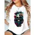 thumbnail image 1 of Women's Floral Skull Graphic T-Shirt - Soft & Comfortable, Casual Round Neck, Short Sleeve, All-Season Black Tee with Vibrant Flower Design, 1 of 6