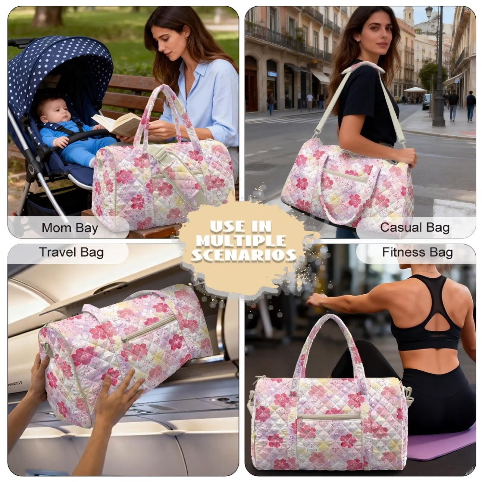 Garronmavis Pink Cherry Blossom Large Quilted Duffle Bag for Women, Weekender Travel Bag Carry On Bag with Zipper Pockets, Cute Gym Overnight Dance Tote