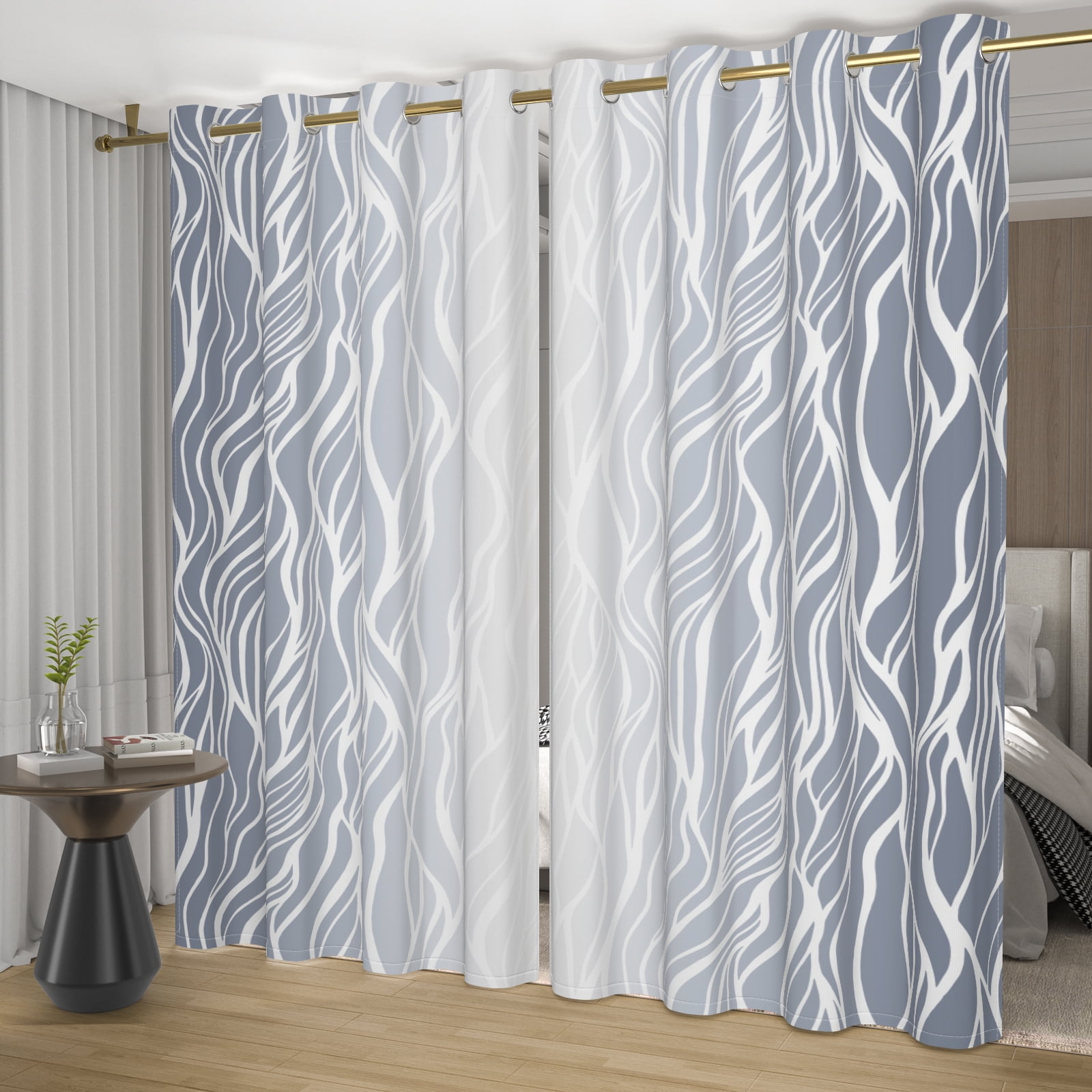Nanqianyi Light Grey Blackout Curtains 42 X 63 Inch Length 2 Panels, White Wave Line Ombre Thermal Insulated Drapes for Bedroom, Living Room