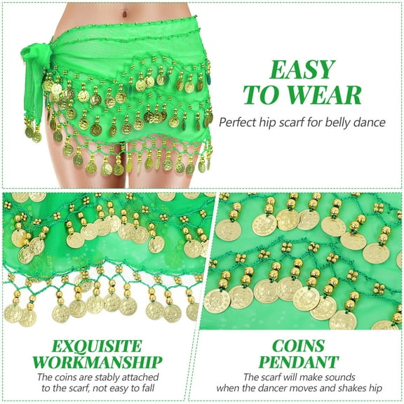 Toyvian belly scarf,Women Chiffon Dangling Belly Dance Hip Scarf 3 Rows 128 Coins Wrap Belt for Belly Dancing (Green)
